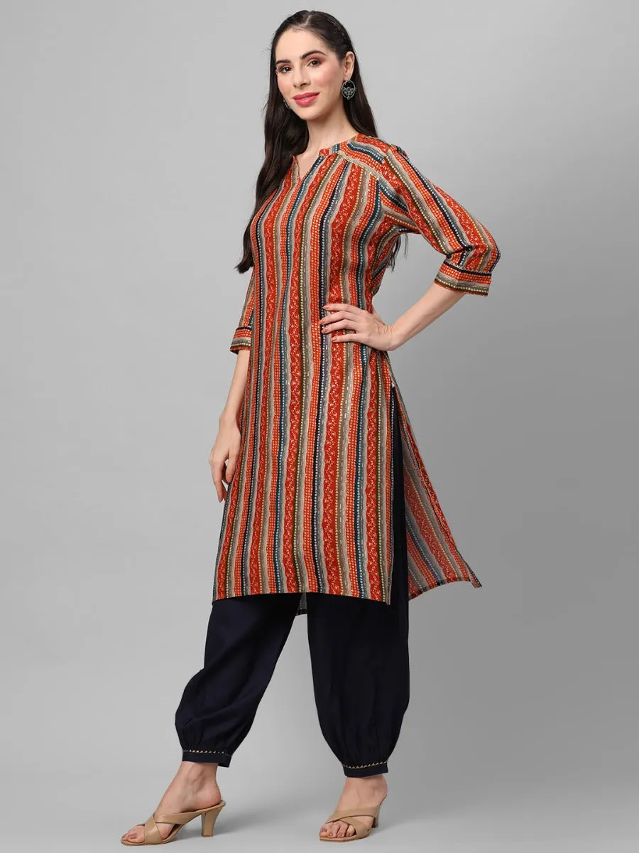 Rust Multi Stripe Printed Kurta With Harem Pant