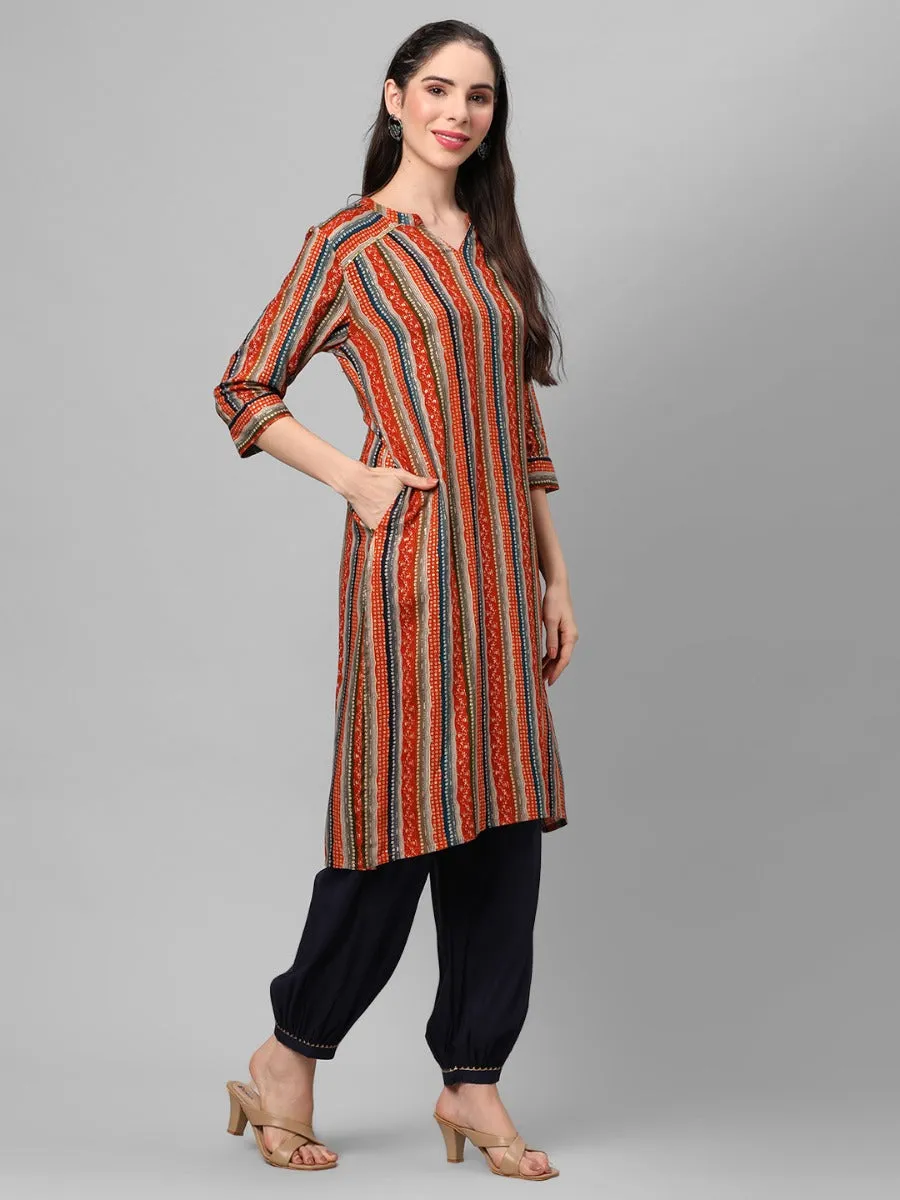 Rust Multi Stripe Printed Kurta With Harem Pant