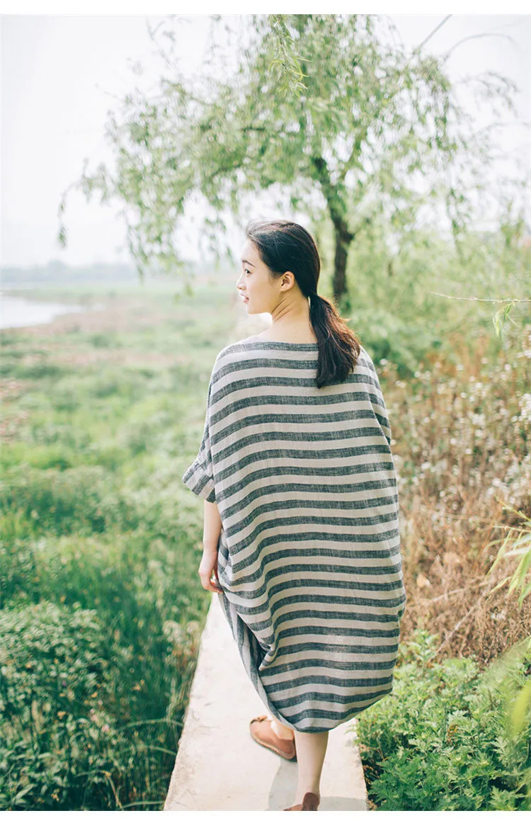 Stripe dress , Linen kaftan/ caftan plus size clothing/ women linen maxi dress/ batwing sleeve loose rope,bust >160cm/60”