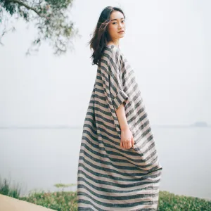 Stripe dress , Linen kaftan/ caftan plus size clothing/ women linen maxi dress/ batwing sleeve loose rope,bust >160cm/60”