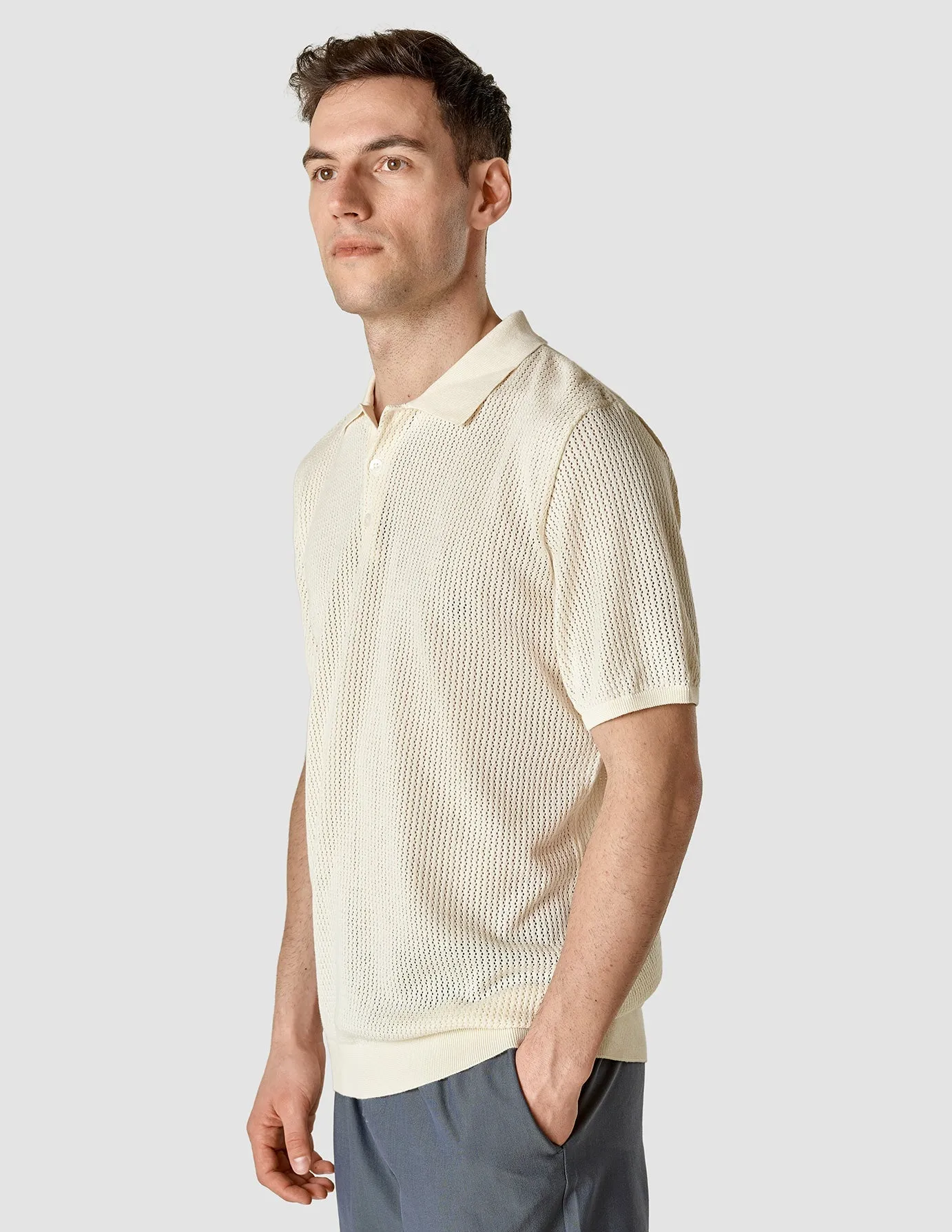 Textured Knitted Short Sleeve Polo Shirt Buttercream