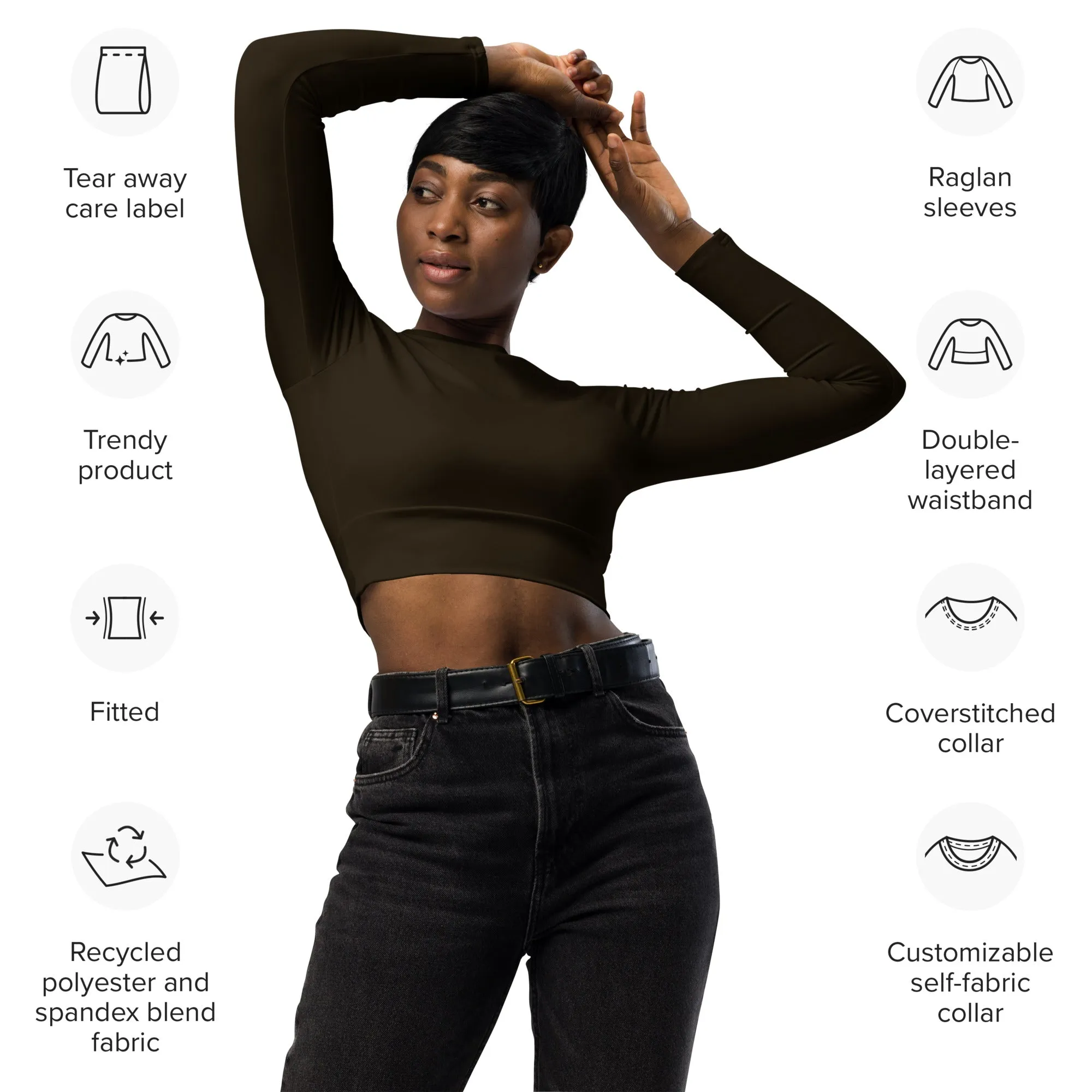 THE ESSENTIAL, SOFT AND STRETCHY, LONG SLEEVE FITTED CROP TOP ESPRESSO