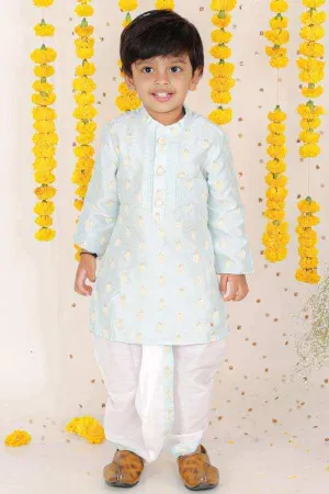 Thread Embroidered Ice Blue Kurta With Dhoti.