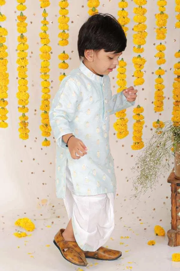 Thread Embroidered Ice Blue Kurta With Dhoti.