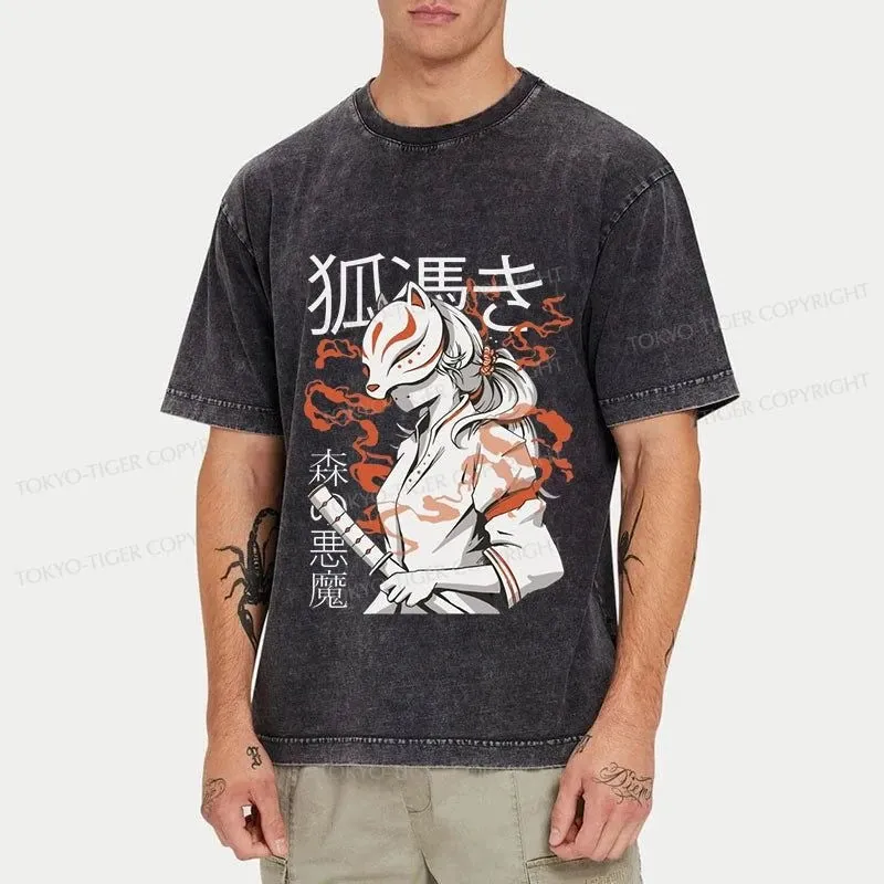 Tokyo-Tiger Anime Girl With Fox Mask Kitsune Washed T-Shirt