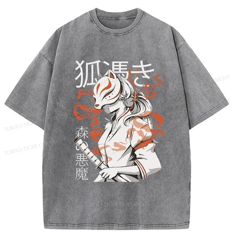 Tokyo-Tiger Anime Girl With Fox Mask Kitsune Washed T-Shirt