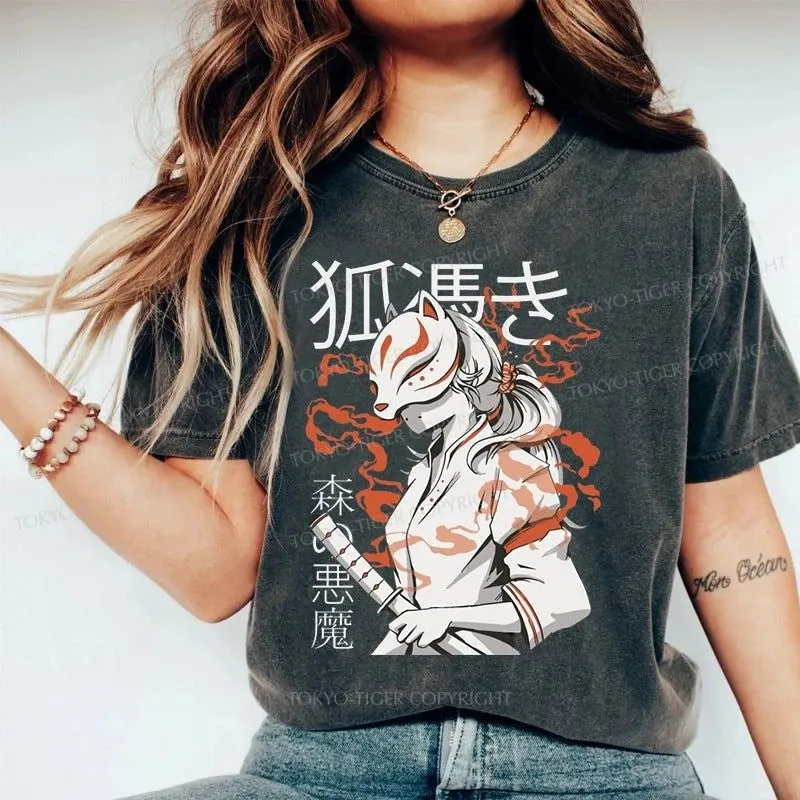 Tokyo-Tiger Anime Girl With Fox Mask Kitsune Washed T-Shirt