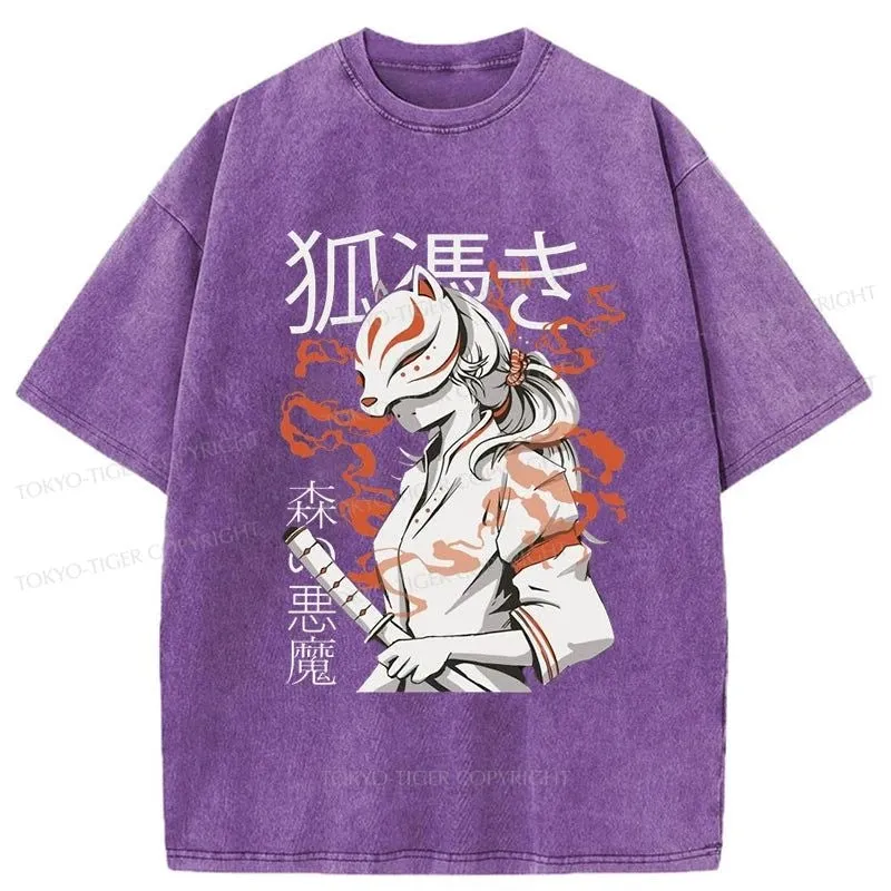 Tokyo-Tiger Anime Girl With Fox Mask Kitsune Washed T-Shirt