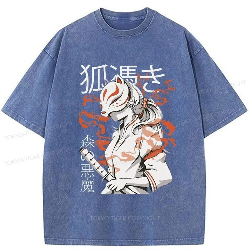 Tokyo-Tiger Anime Girl With Fox Mask Kitsune Washed T-Shirt