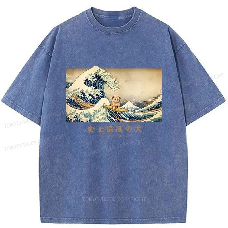 Tokyo-Tiger Bulldog With Kanagawa Wave Washed T-Shirt