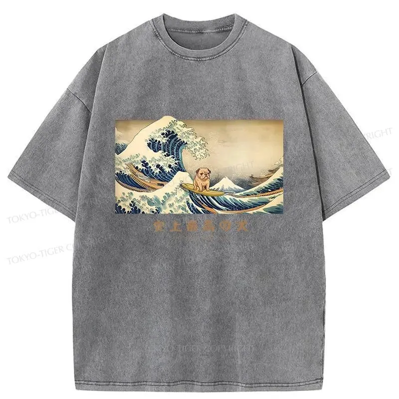 Tokyo-Tiger Bulldog With Kanagawa Wave Washed T-Shirt