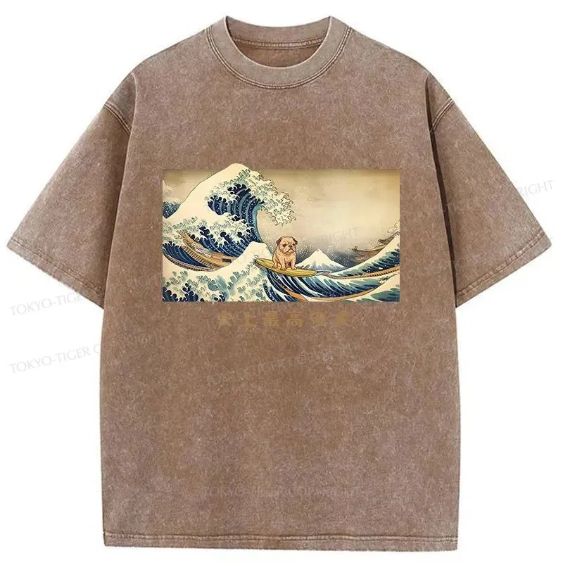 Tokyo-Tiger Bulldog With Kanagawa Wave Washed T-Shirt