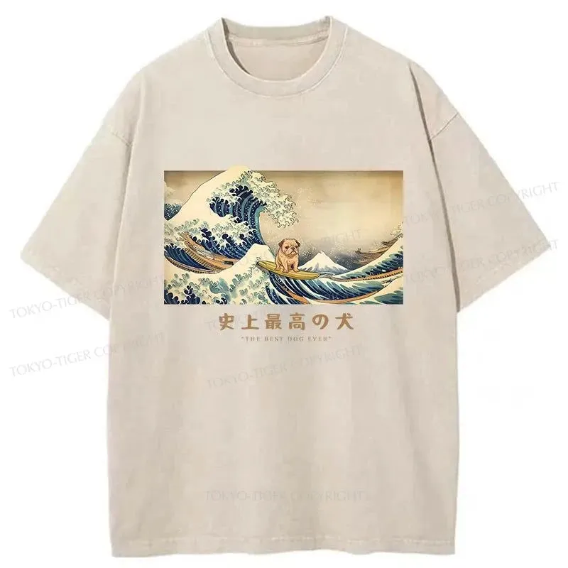 Tokyo-Tiger Bulldog With Kanagawa Wave Washed T-Shirt