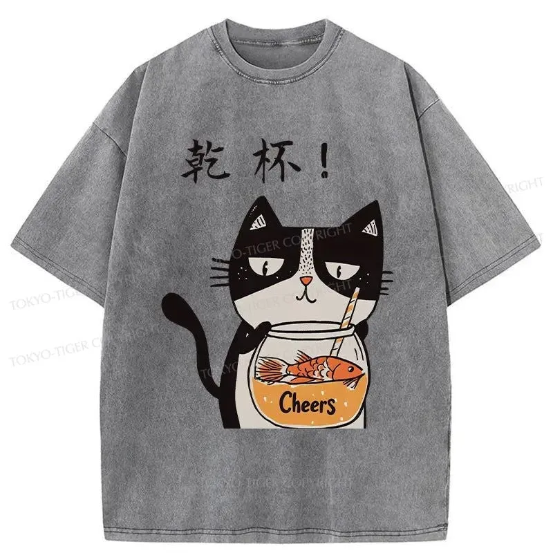 Tokyo-Tiger Cat Cheers Washed T-Shirt