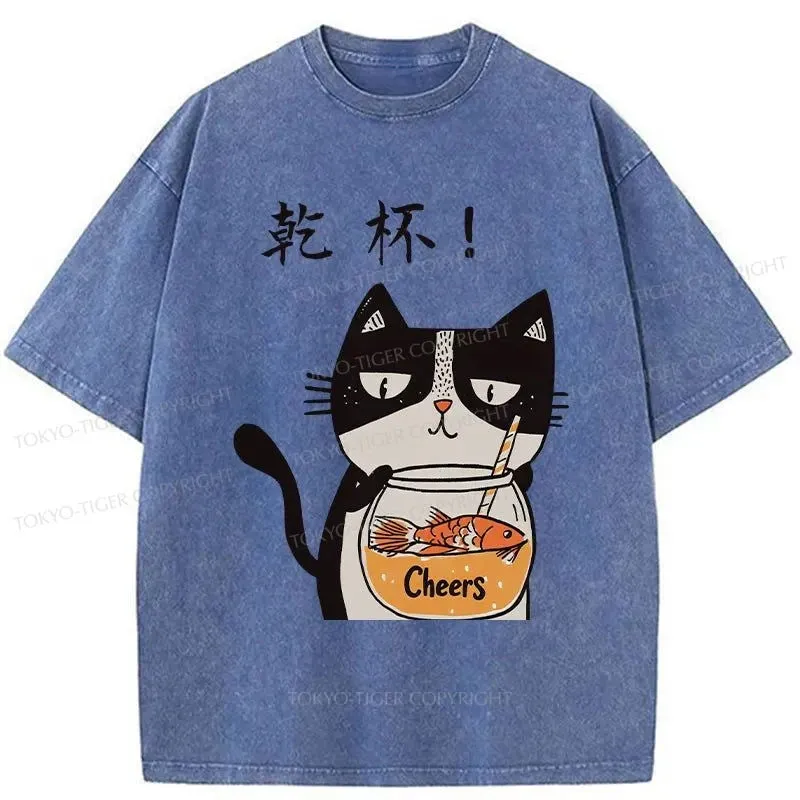 Tokyo-Tiger Cat Cheers Washed T-Shirt