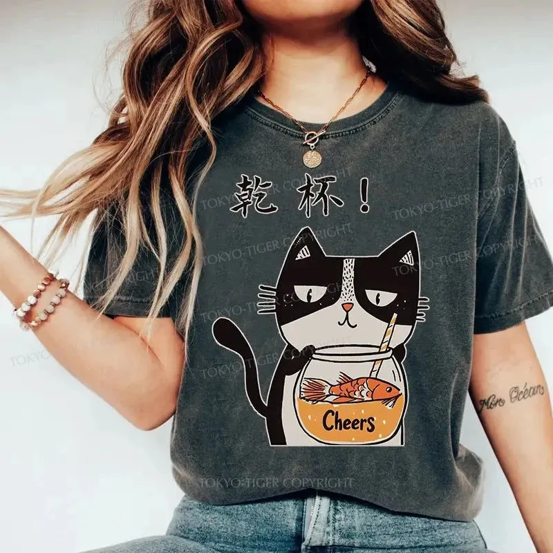 Tokyo-Tiger Cat Cheers Washed T-Shirt