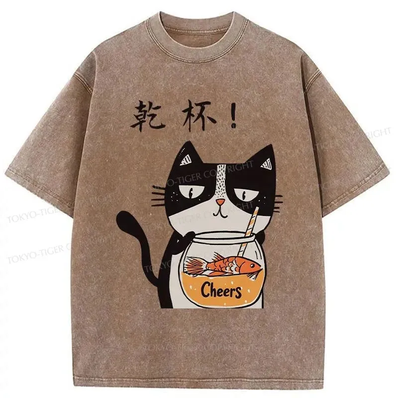 Tokyo-Tiger Cat Cheers Washed T-Shirt