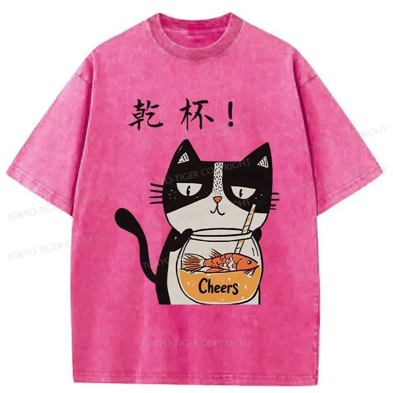 Tokyo-Tiger Cat Cheers Washed T-Shirt