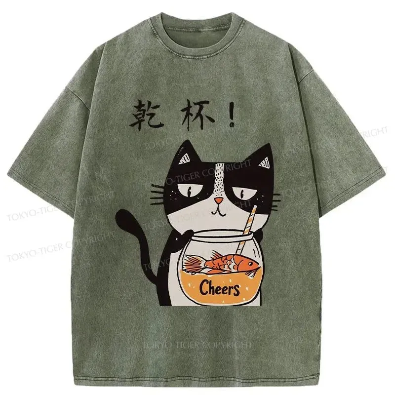 Tokyo-Tiger Cat Cheers Washed T-Shirt