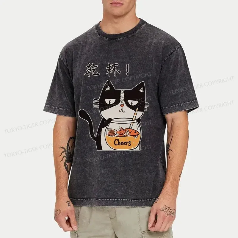 Tokyo-Tiger Cat Cheers Washed T-Shirt