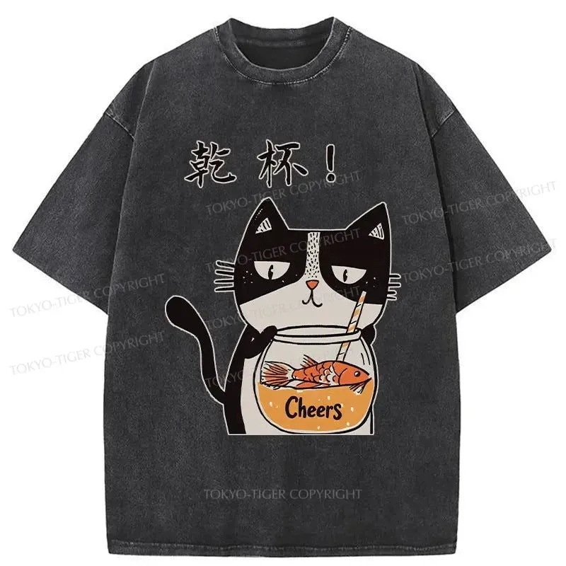 Tokyo-Tiger Cat Cheers Washed T-Shirt