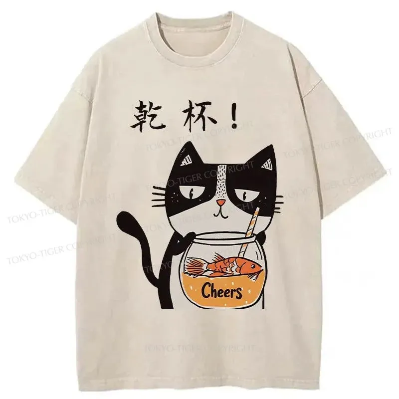 Tokyo-Tiger Cat Cheers Washed T-Shirt