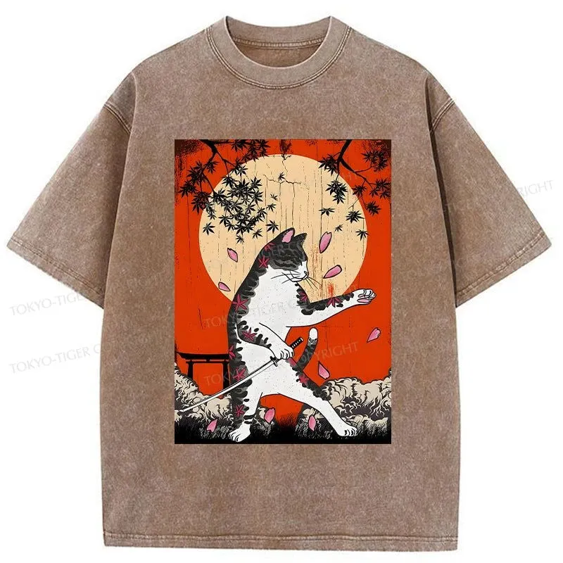 Tokyo-Tiger Cat Japanese Samurai Washed T-Shirt