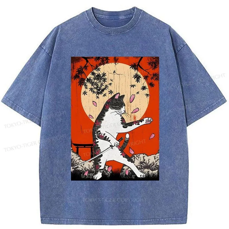 Tokyo-Tiger Cat Japanese Samurai Washed T-Shirt