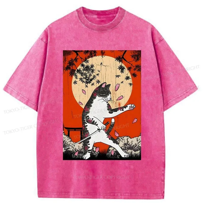 Tokyo-Tiger Cat Japanese Samurai Washed T-Shirt