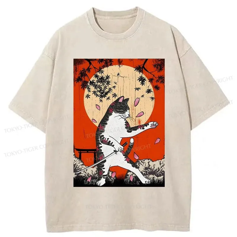 Tokyo-Tiger Cat Japanese Samurai Washed T-Shirt