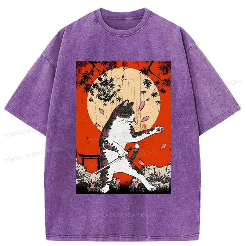 Tokyo-Tiger Cat Japanese Samurai Washed T-Shirt