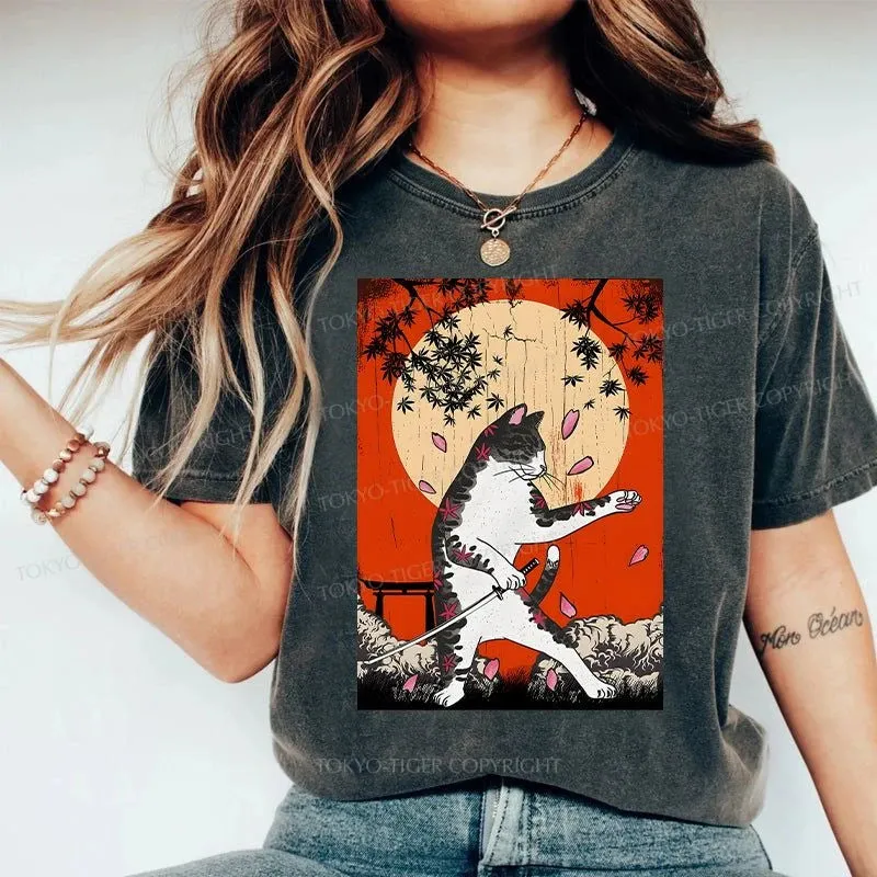 Tokyo-Tiger Cat Japanese Samurai Washed T-Shirt