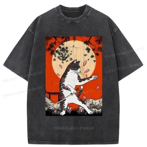 Tokyo-Tiger Cat Japanese Samurai Washed T-Shirt