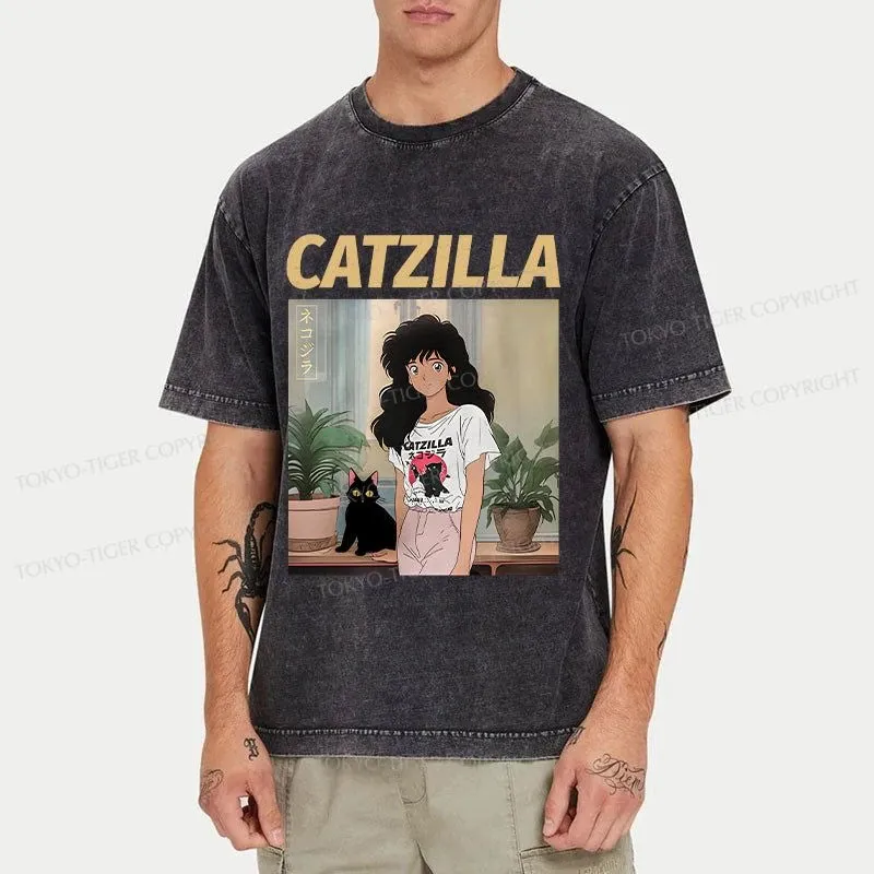 Tokyo-Tiger Catzilla And Girl Washed T-Shirt