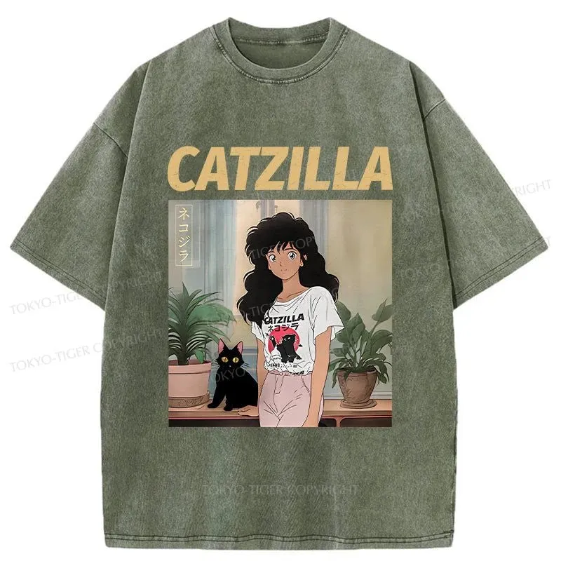 Tokyo-Tiger Catzilla And Girl Washed T-Shirt