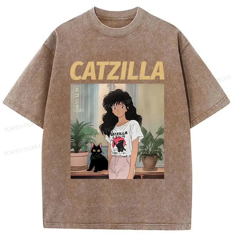 Tokyo-Tiger Catzilla And Girl Washed T-Shirt