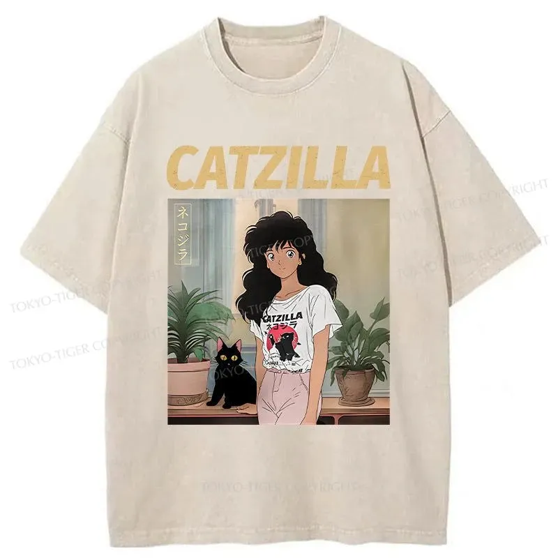 Tokyo-Tiger Catzilla And Girl Washed T-Shirt