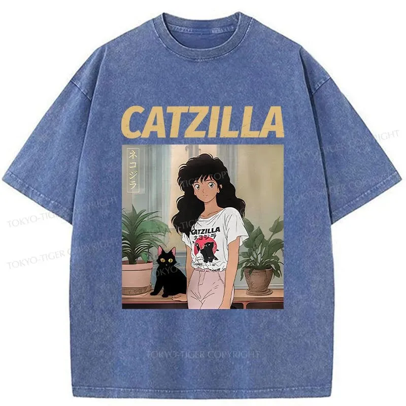 Tokyo-Tiger Catzilla And Girl Washed T-Shirt