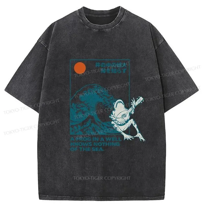 Tokyo-Tiger Frog And Ukiyo-e Waves Washed T-Shirt