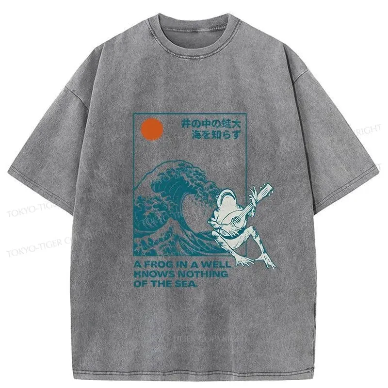 Tokyo-Tiger Frog And Ukiyo-e Waves Washed T-Shirt