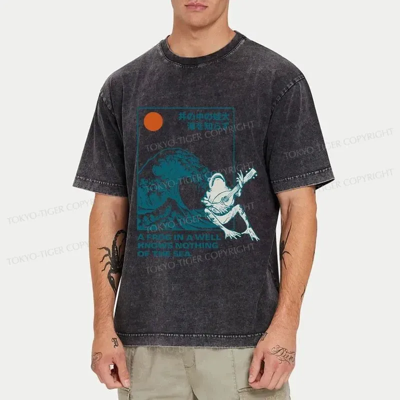 Tokyo-Tiger Frog And Ukiyo-e Waves Washed T-Shirt