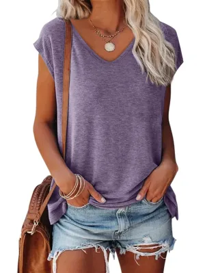 V Neck Womens T-Shirts Basic Tops for Women Cap Sleeve Loose Tank Tops